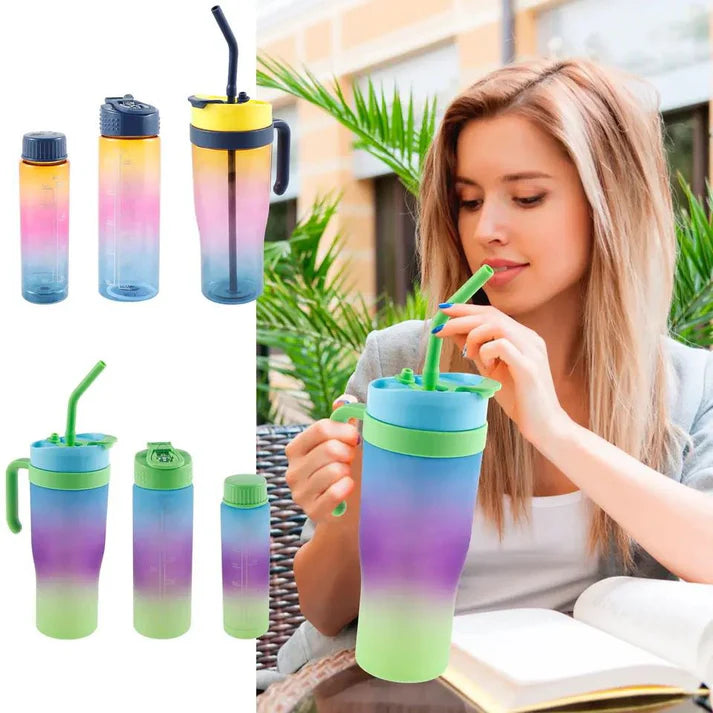 3pcs set Sports Water Bottle With Handle Straw