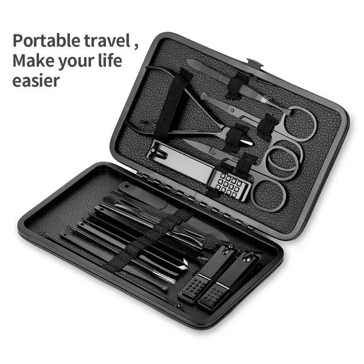 Set Of 18 Classic Black Nail Clipper, Hand Feet Facial Accessories, Stainless Steel Pedicure Kit, Nippers Trimmer Care Tool With Travel Case Kit, Household Pedicure Kit